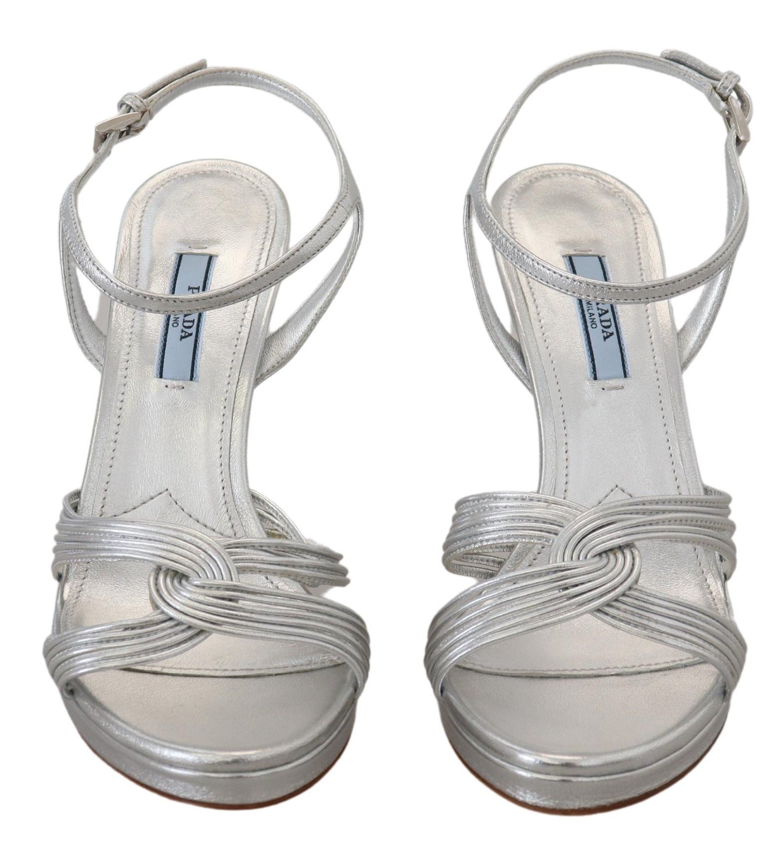 Fashionsarah.com Fashionsarah.com Prada Silver Leather Sandals Ankle Strap Heels Stiletto