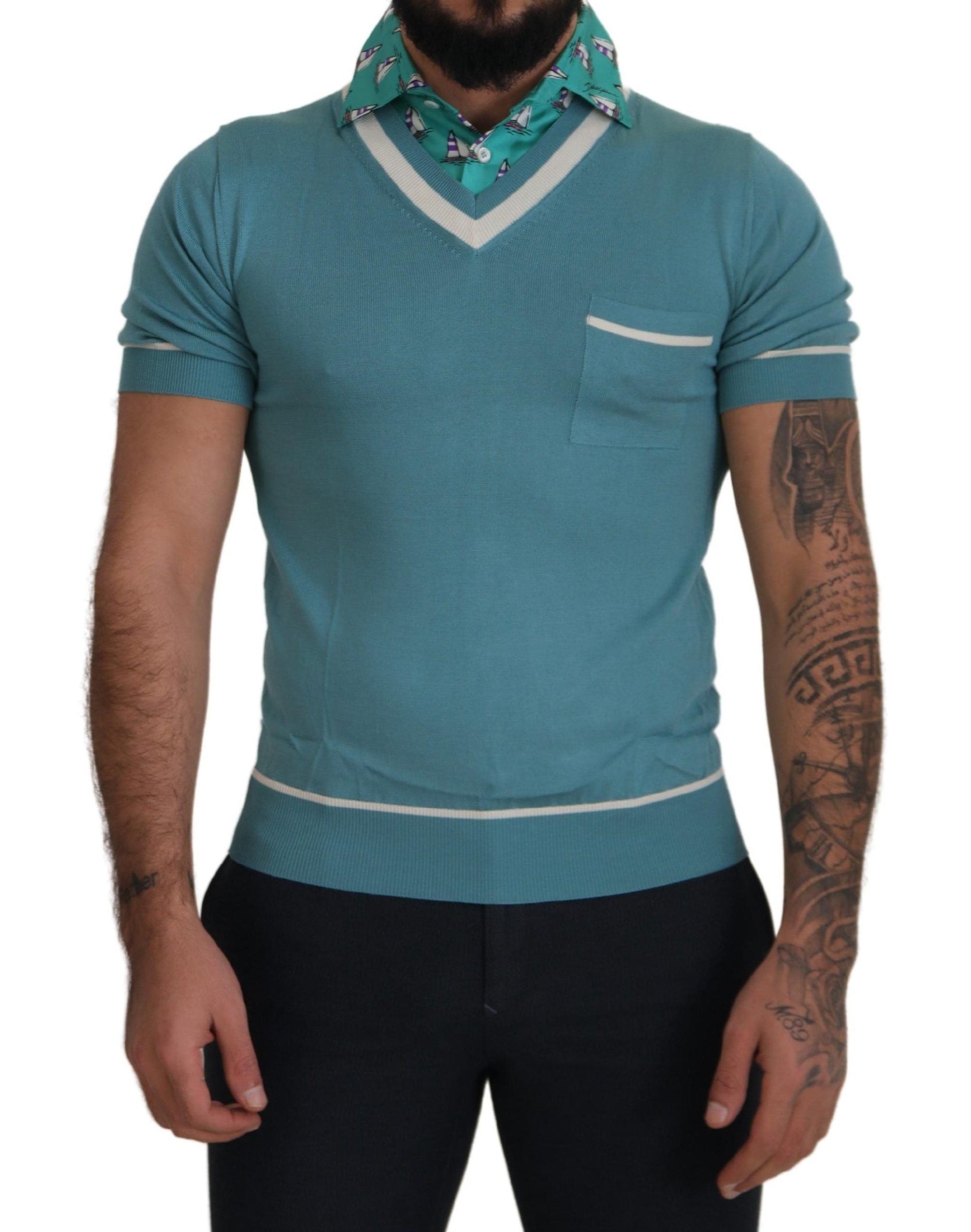 Fashionsarah.com Fashionsarah.com Dolce & Gabbana Blue Silk Polo Top Mens V-neck  T-shirt