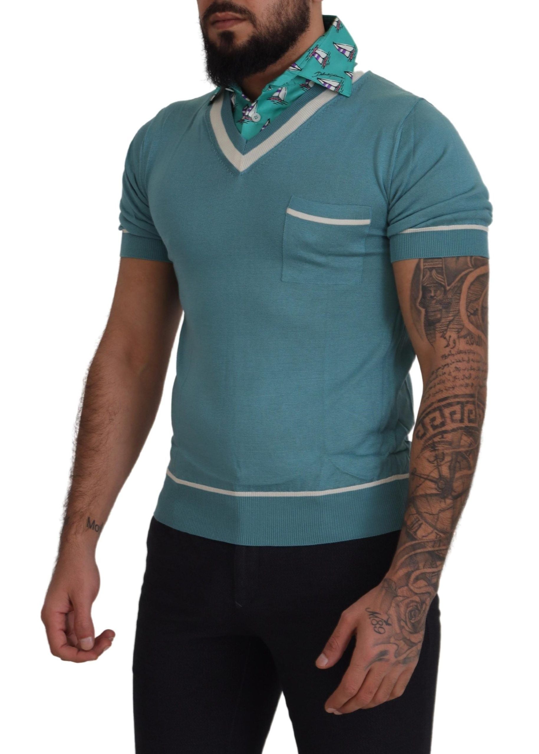 Fashionsarah.com Fashionsarah.com Dolce & Gabbana Blue Silk Polo Top Mens V-neck  T-shirt