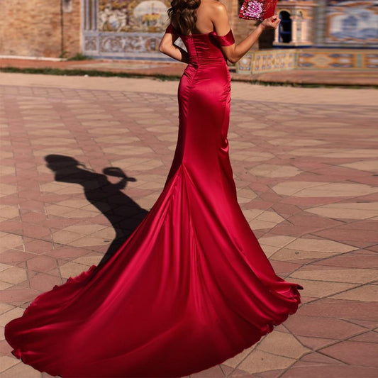 Red Satin Side Slit Dress | Fashionsarah.com