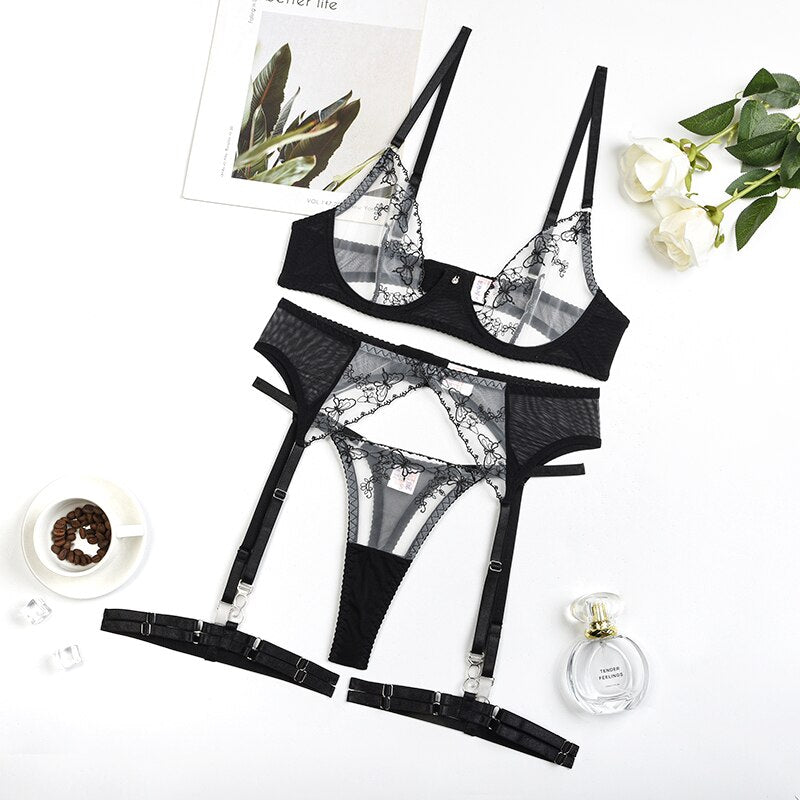 Lingerie Floral Embroidery Bra with Garter Set | Fashionsarah.com