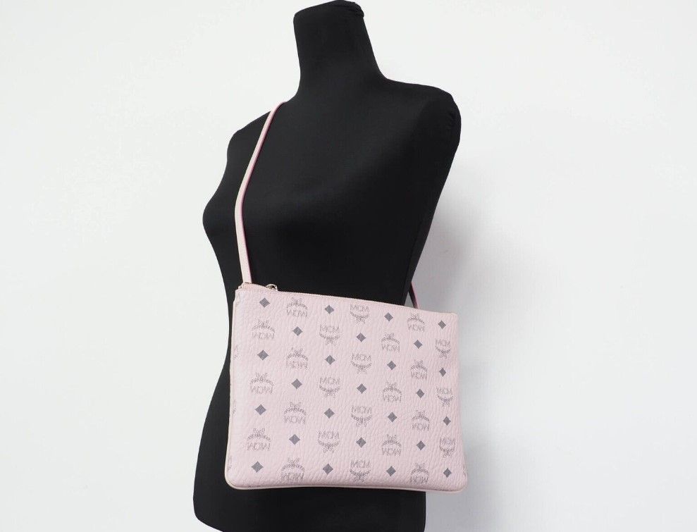 Fashionsarah.com Fashionsarah.com MCM Portuna Medium Visetos Powder Pink Coated Canvas Flat Pouch Crossbody Bag
