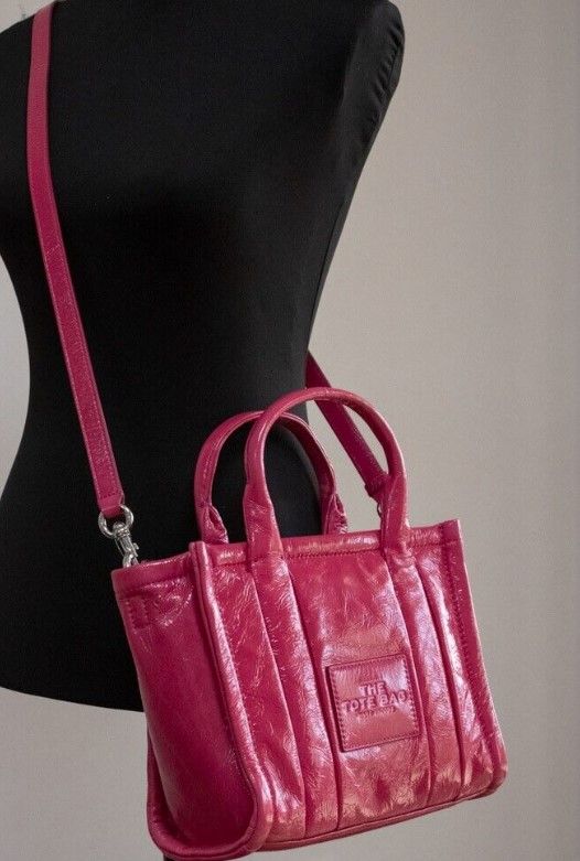 Fashionsarah.com Fashionsarah.com Marc Jacobs The Shiny Crinkle Mini Tote Magenta Leather Crossbody Handbag Purse
