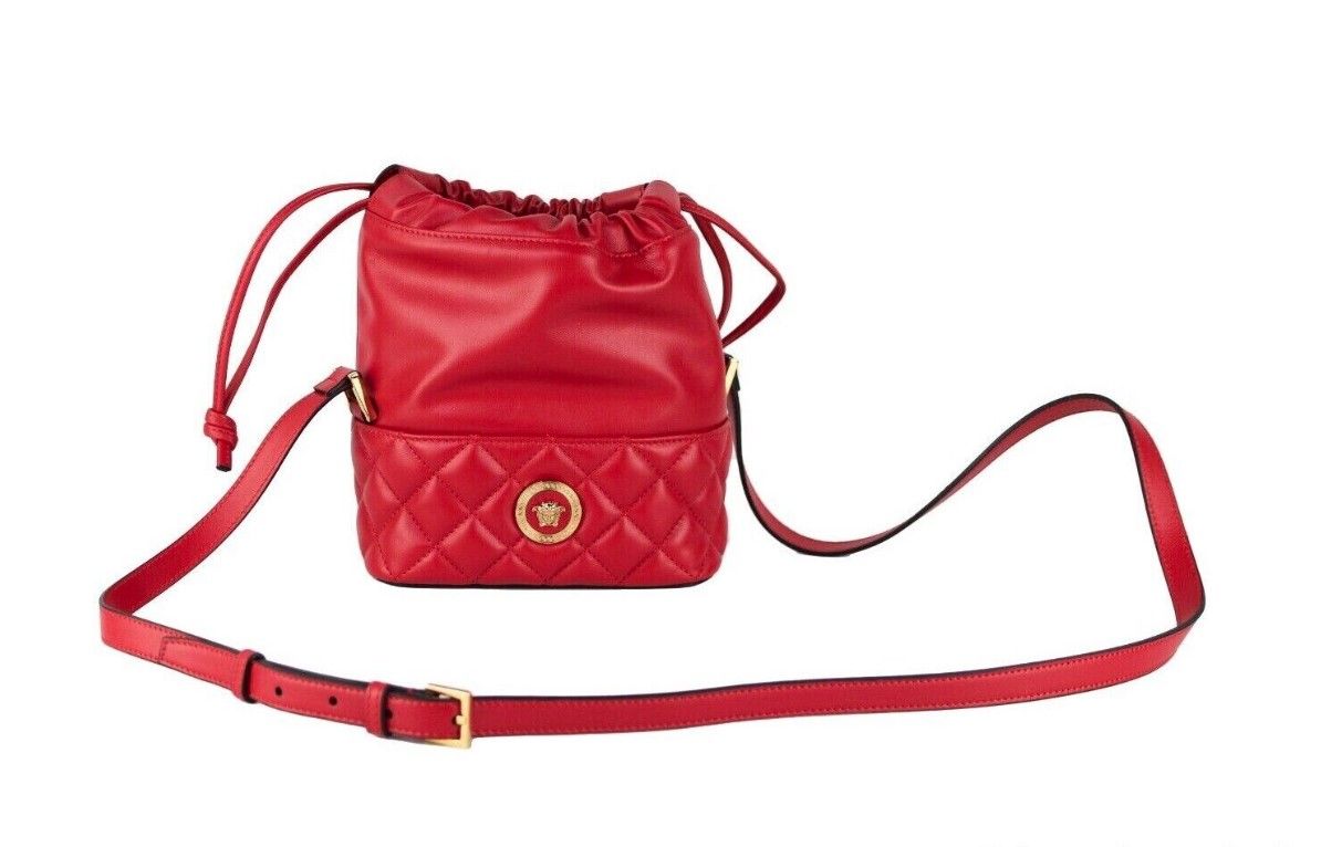 Versace Red Quilted Leather Drawstring Shoulder Bag Bucket Crossbody Handbag | Fashionsarah.com