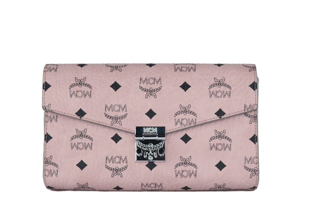 Fashionsarah.com Fashionsarah.com MCM Medium Soft Pink Signature Diamond Logo Leather Clutch Crossbody Handbag