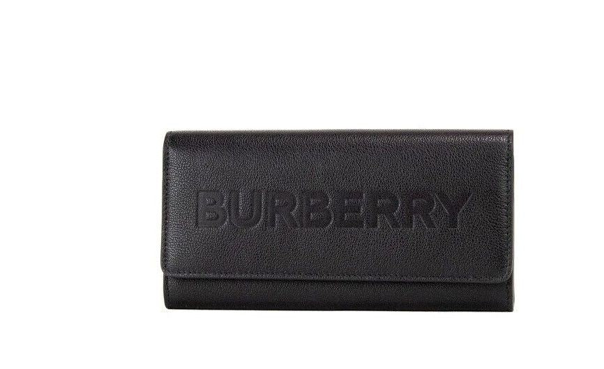 Burberry Porter Black Grained Leather Branded Logo Embossed Clutch Flap Wallet | Fashionsarah.com