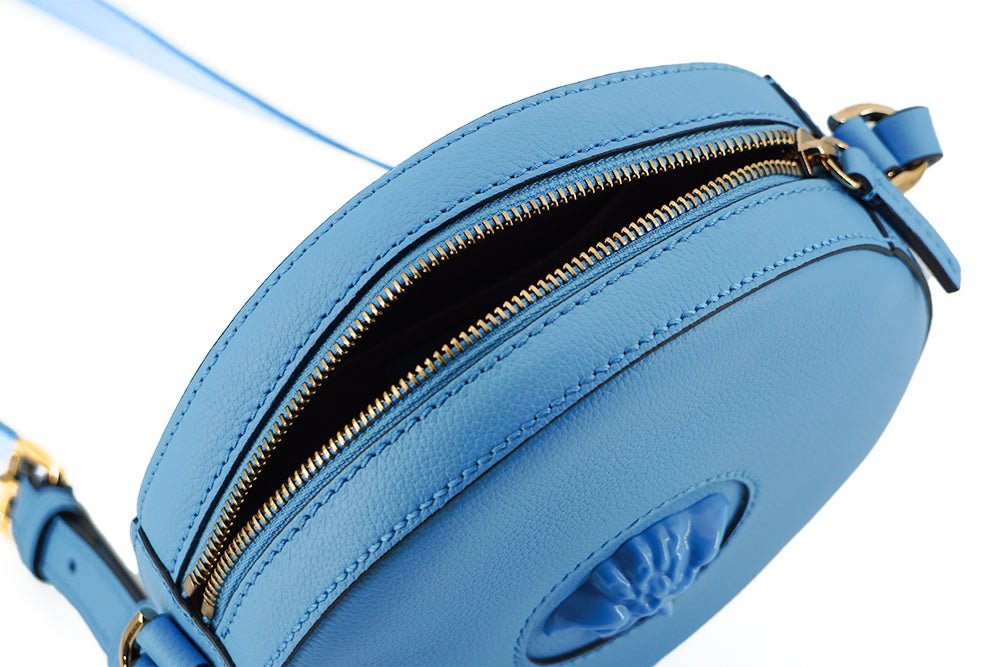 Versace Blue Calf Leather Round Disco Shoulder Bag | Fashionsarah.com