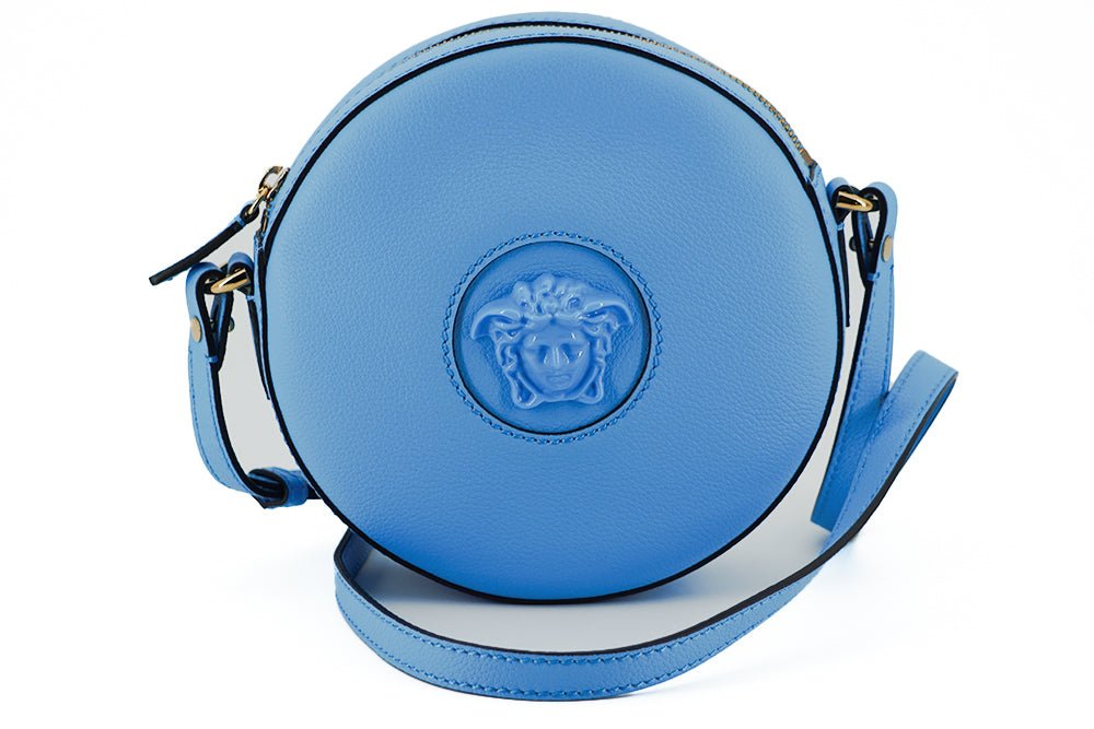 Versace Blue Calf Leather Round Disco Shoulder Bag | Fashionsarah.com