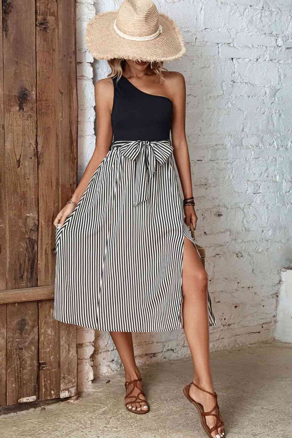 Fashionsarah.com Fashionsarah.com Striped One-Shoulder Slit Dress