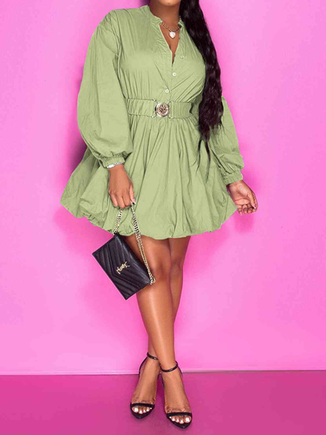 Notched Button Up Balloon Sleeves Dress | Fashionsarah.com