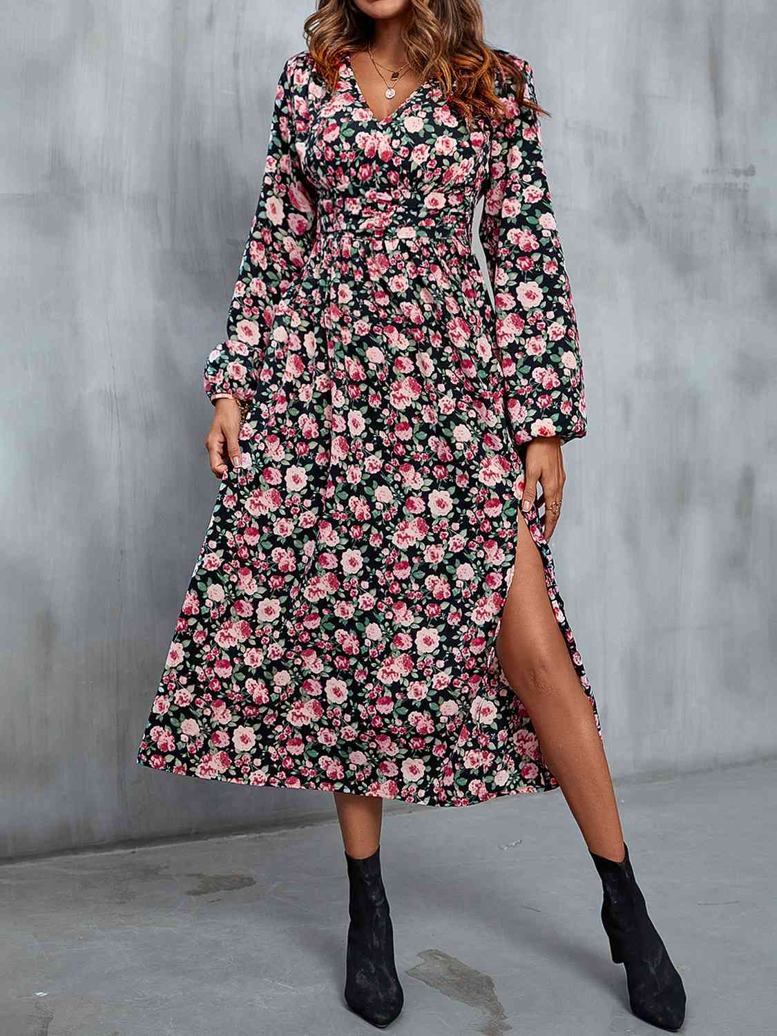 Floral V-Neck Slit Midi Dress | Fashionsarah.com