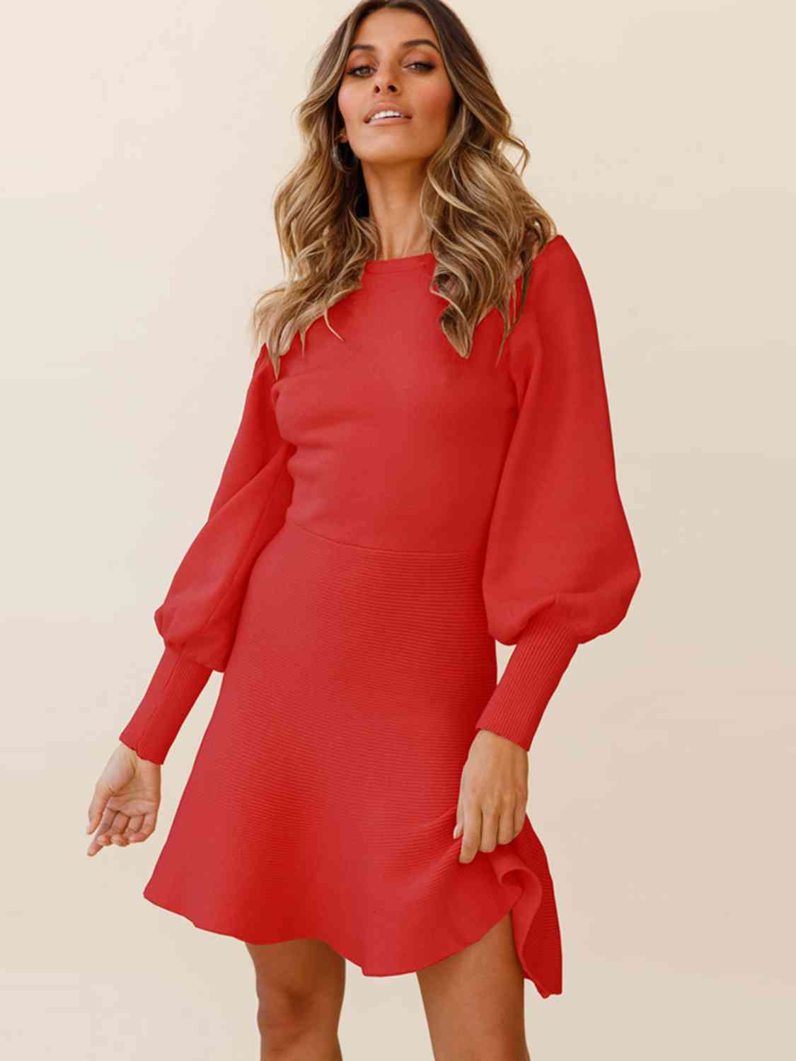 Round Neck Lantern Sleeve Sweater Dress | Fashionsarah.com