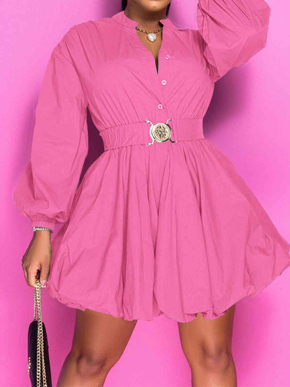 Notched Button Up Balloon Sleeves Dress | Fashionsarah.com