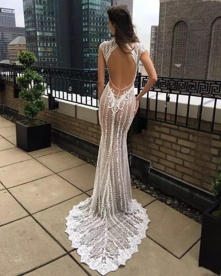 Fashionsarah.com Deep V Neck Lace Wedding Dress