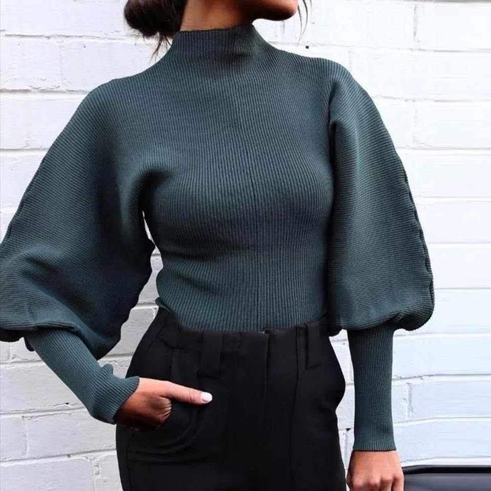 Sweater Turtle Neck Puff Sleeve Women Tops | Fashionsarah.com