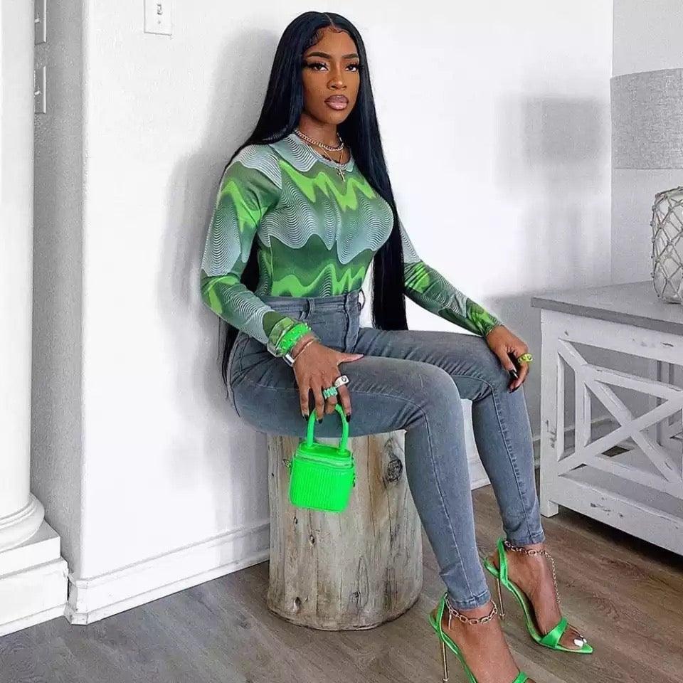 Green Geometric Bodysuit | Fashionsarah.com