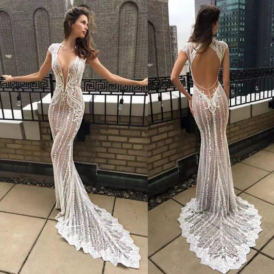 Fashionsarah.com Deep V Neck Lace Wedding Dress