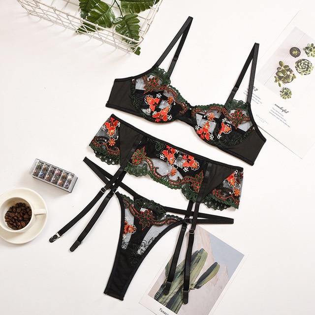 Floral Embroidery Lingerie 3 Pcs Set | Fashionsarah.com