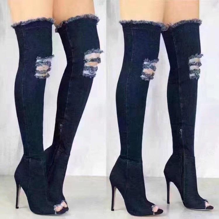 Peep Toe Over The Knee Jeans Boots | Fashionsarah.com