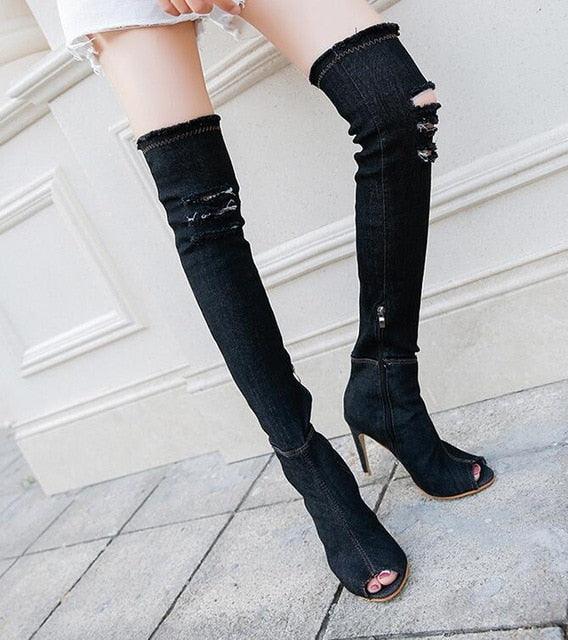 Peep Toe Over The Knee Jeans Boots | Fashionsarah.com