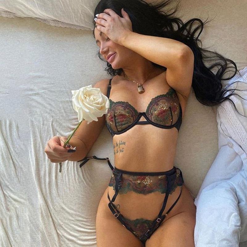 Floral Embroidery Lingerie 3 Pcs Set | Fashionsarah.com