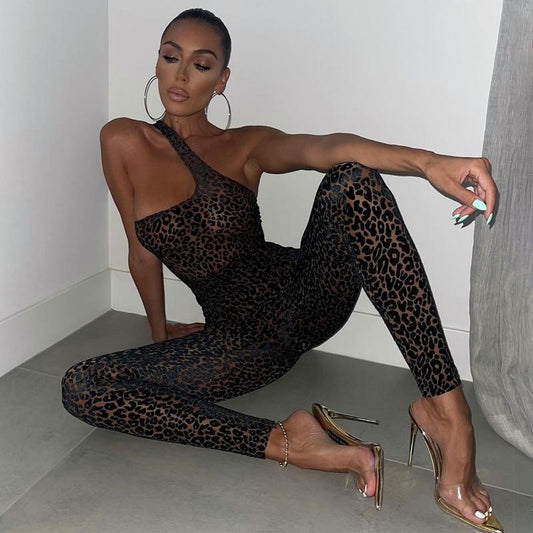 Fashionsarah.com One Shoulder Leopard Jumpsuits