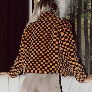 Checkerboard Fluffy Coat - Fashionsarah.com
