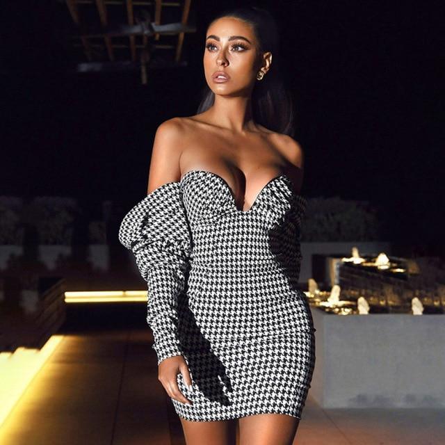 Houndstooth Off shoulder dress | Fashionsarah.com