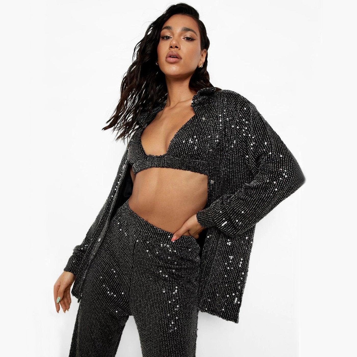 Women Sequins Matching Blazer  with Top and Pants | Fashionsarah.com