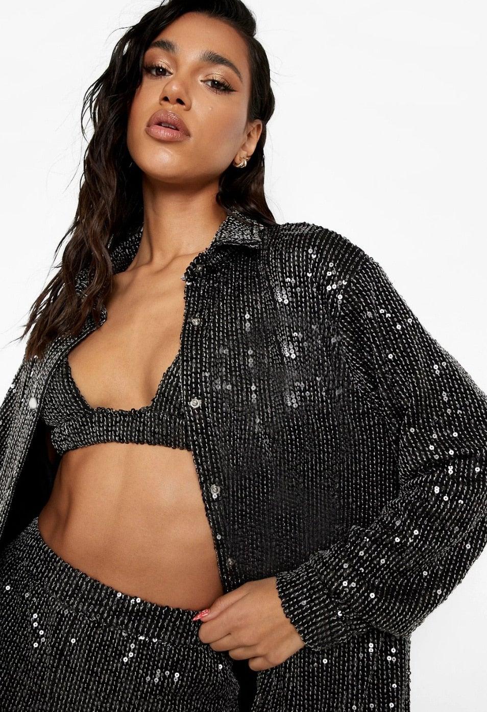 Women Sequins Matching Blazer  with Top and Pants | Fashionsarah.com