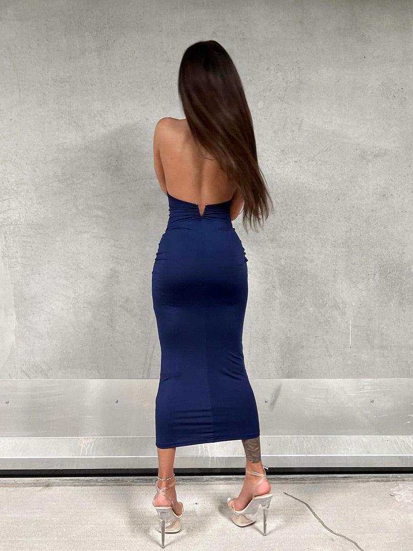 Navy Halter Backless Dress | Fashionsarah.com