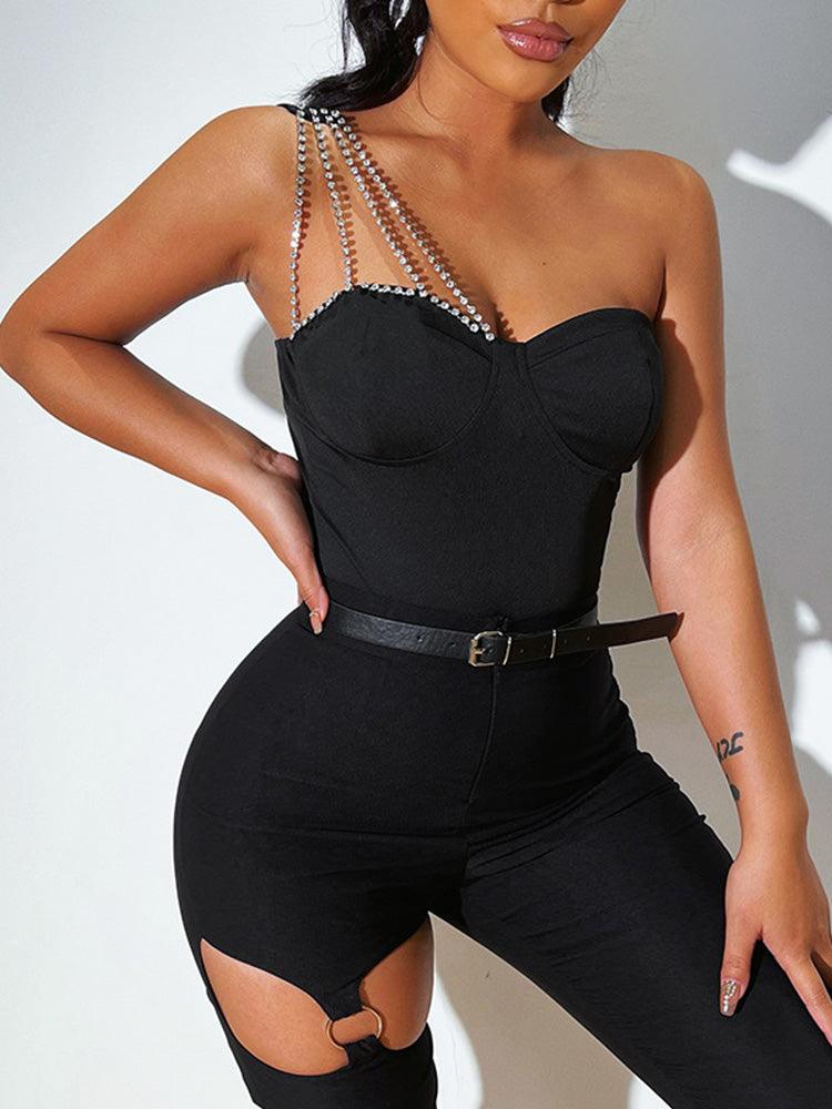 Rhinestone Chain Strap Bodysuit | Fashionsarah.com