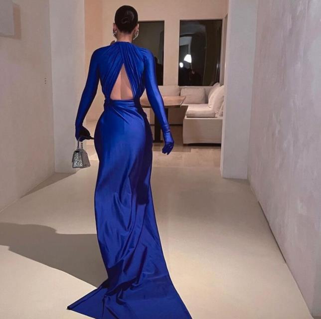 Fashionsarah.com Blue V-Neck With trail Long sleeve Dress