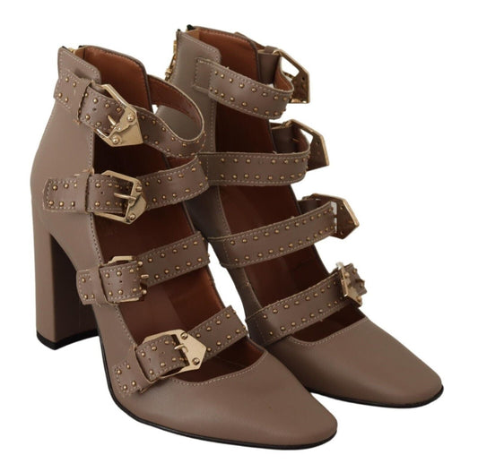 MY TWIN Brown Leather Block Heels Multi Buckle Pumps Shoes | Fashionsarah.com
