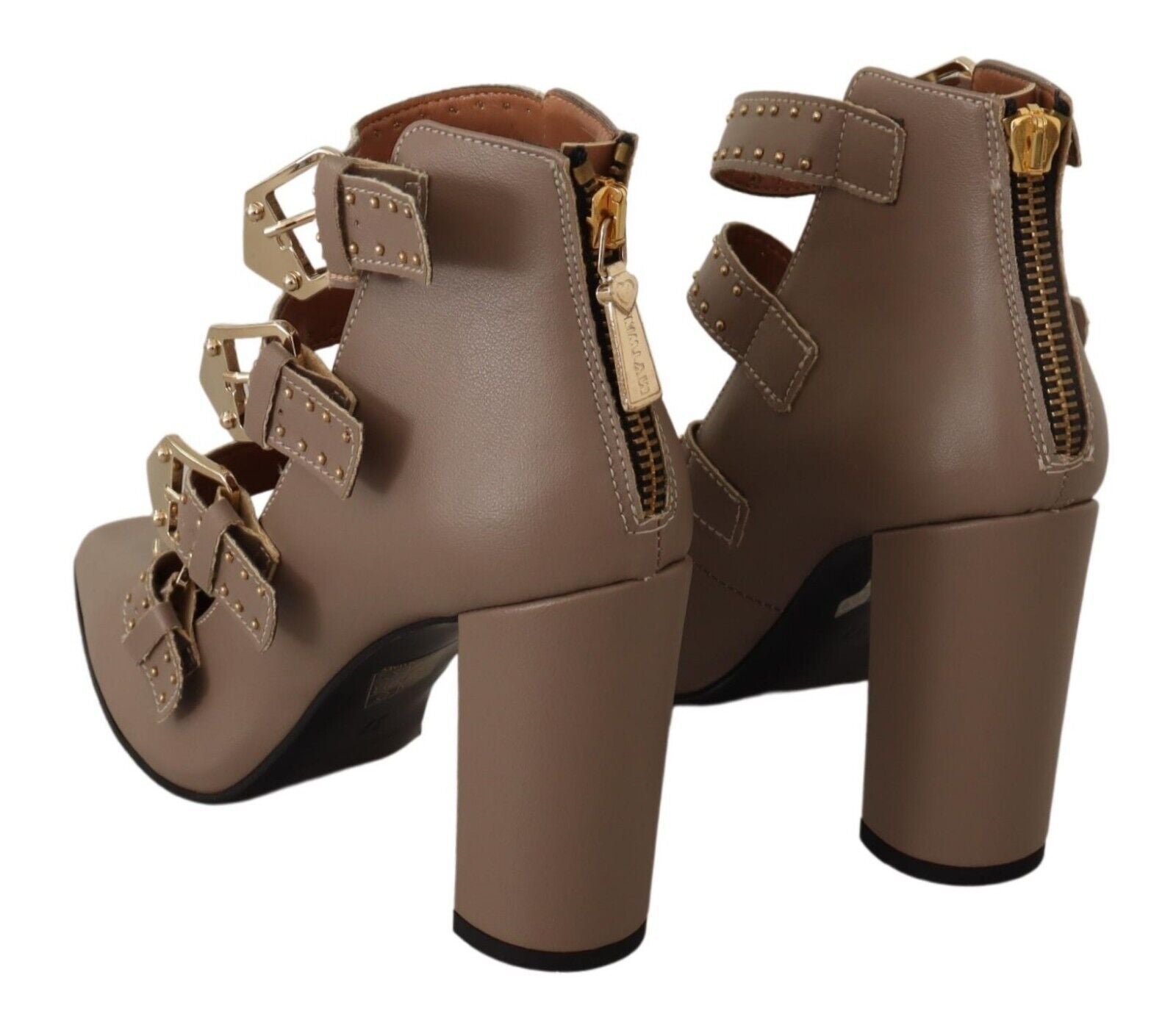 MY TWIN Brown Leather Block Heels Multi Buckle Pumps Shoes | Fashionsarah.com