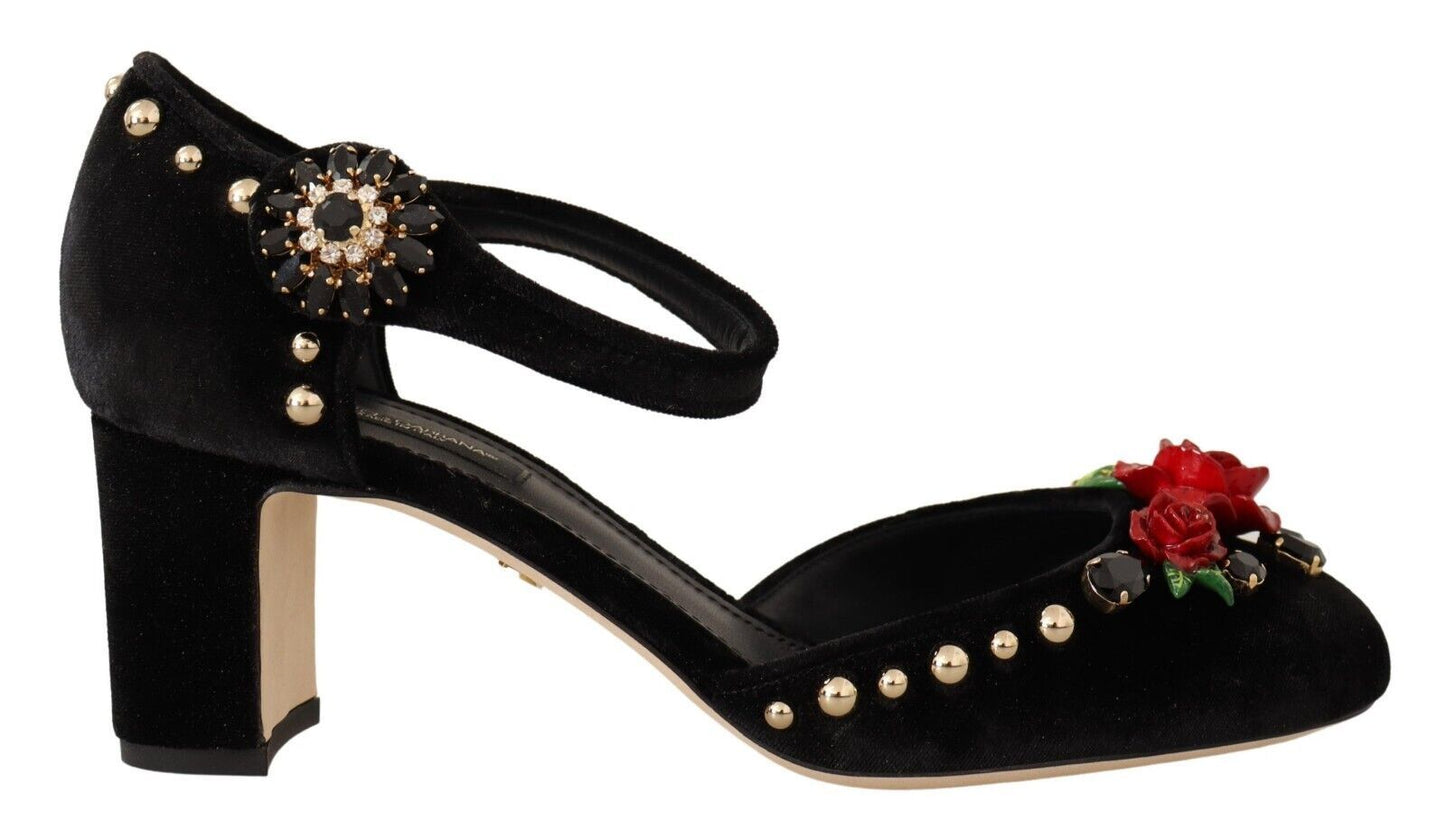 Dolce & Gabbana Black Velvet Roses Ankle Strap Pumps Shoes | Fashionsarah.com