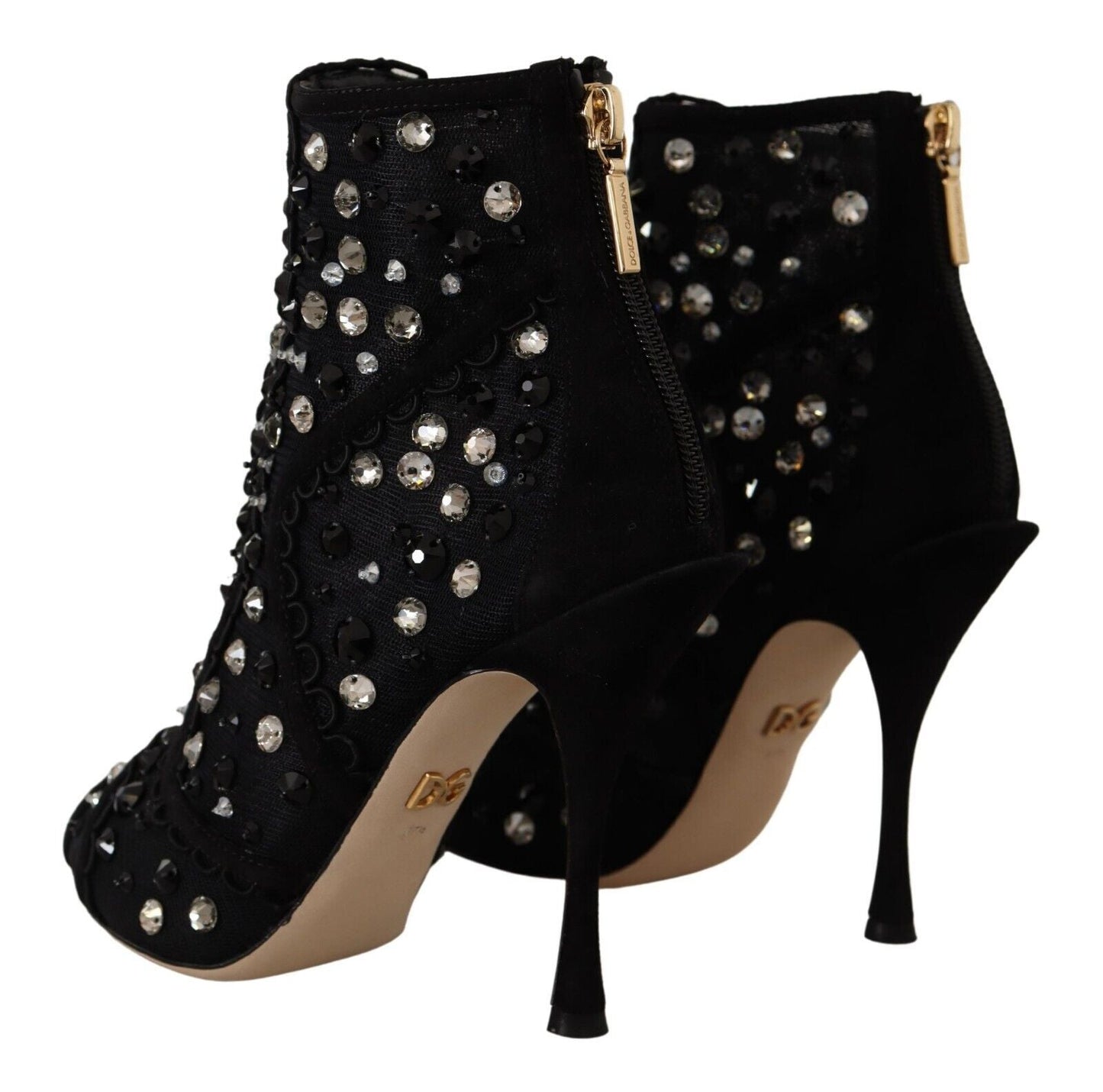Dolce & Gabbana Black Crystals Heels Zipper Short Boots | Fashionsarah.com