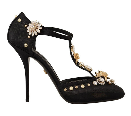 Dolce & Gabbana Black Mesh Crystals T-strap Heels Pumps Shoes | Fashionsarah.com