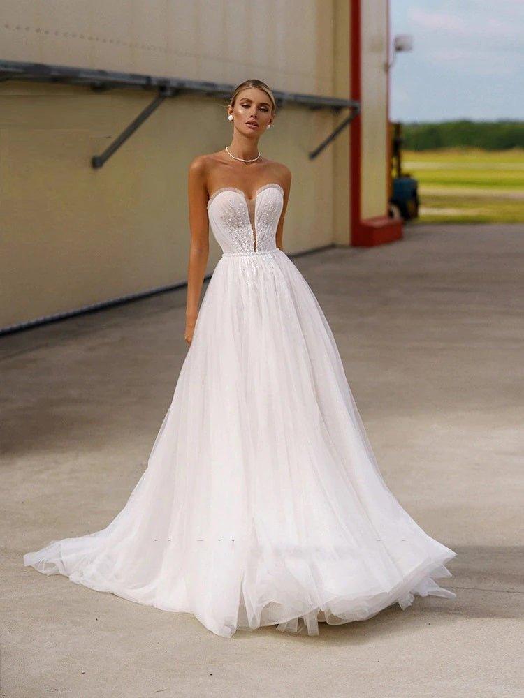 Strapless Sweetheart Wedding Dress with Puff Sleeve | Fashionsarah.com